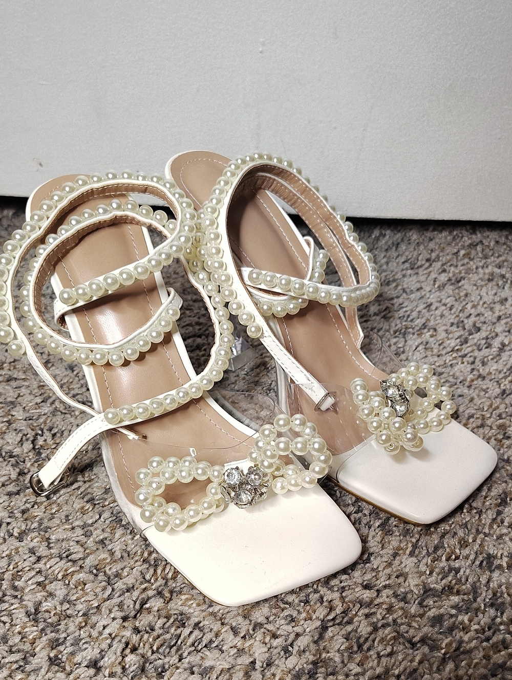 Pearl-Embellished Square Toes White Strappy Heels